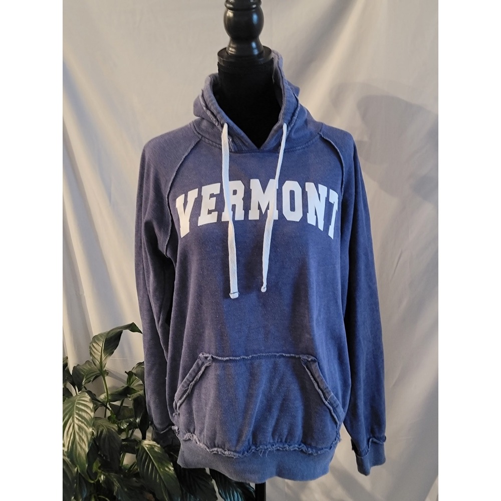 Relaxx Vermont Graphic Hoodie Blue Distressed Raw Edge Pullover Mens XL